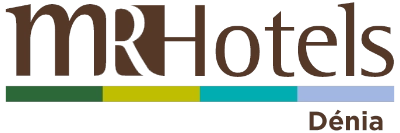 Logo de "MR Hotels D&eacute;nia" con barras de colores verde, amarillo y azul.