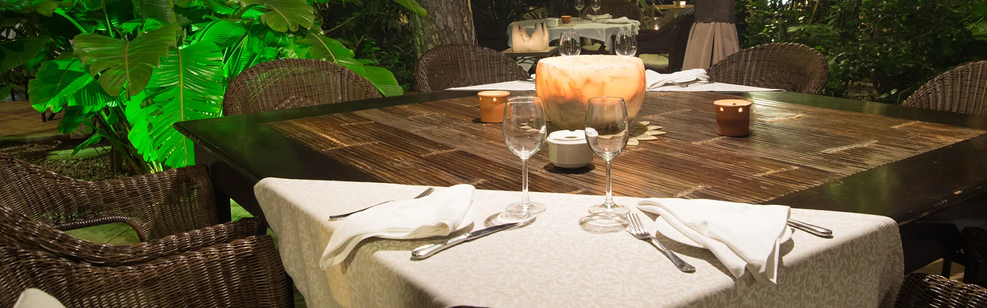 Mesa elegante con vajilla y velas en jard&iacute;n tropical iluminado.