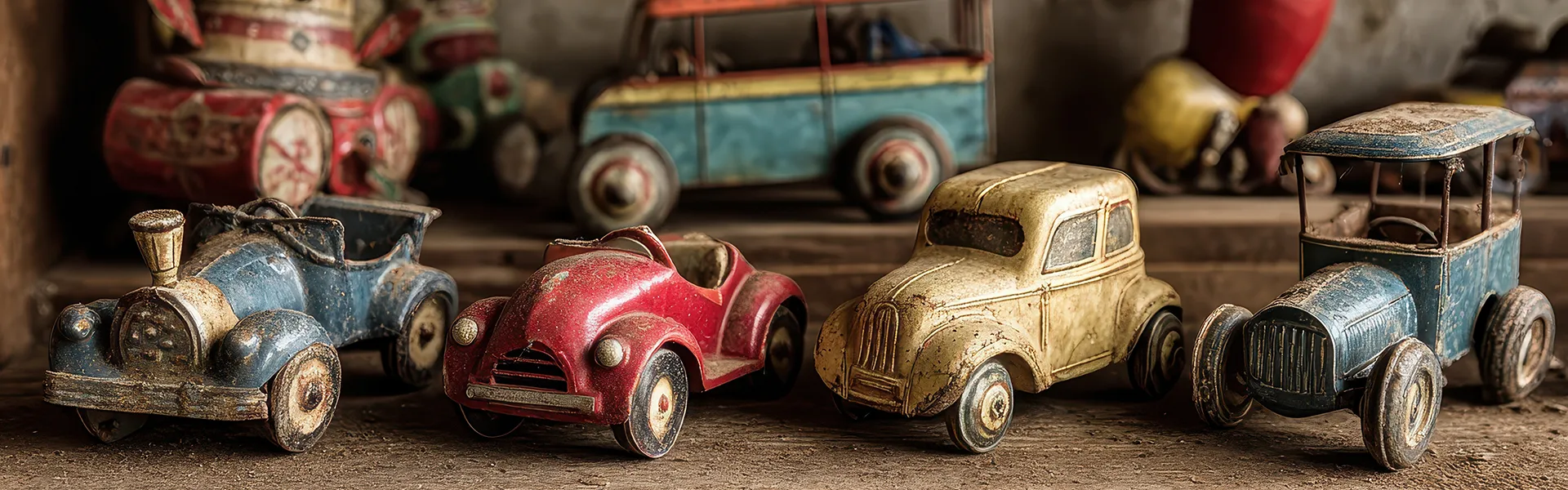 Cuatro autos de juguete antiguos en una estanter&iacute;a polvorienta.