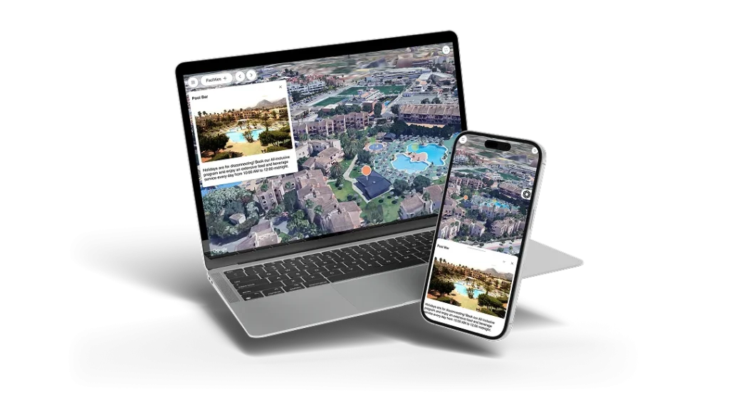 Port&aacute;til y tel&eacute;fono mostrando un mapa a&eacute;reo interactivo de un complejo tur&iacute;stico.