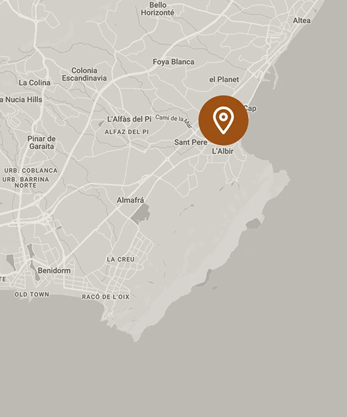 Mapa de L'Alf&agrave;s del Pi con marcador en L'Albir, cerca de la costa.