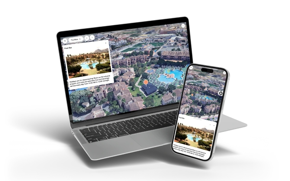 Computadora y celular mostrando un mapa a&eacute;reo de un complejo tur&iacute;stico.
