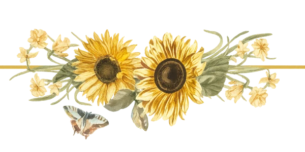 Dos girasoles y flores amarillas con una mariposa en dise&ntilde;o floral decorativo.