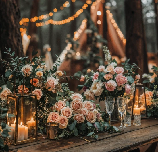 Arreglo floral y velas en mesa de boda al aire libre, luces de fondo.