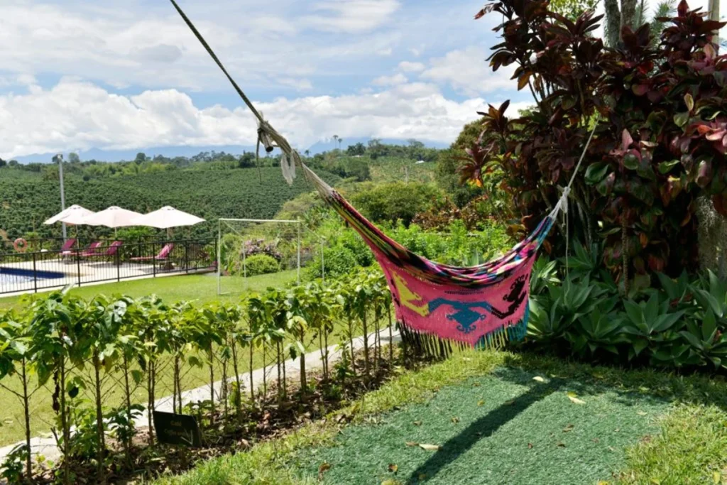Hamaca colorida colgada en un jard&iacute;n con campo verde y piscina al fondo.