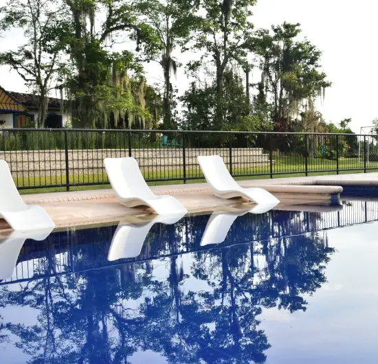 Piscina con reposeras blancas y reflejo de &aacute;rboles en el agua.