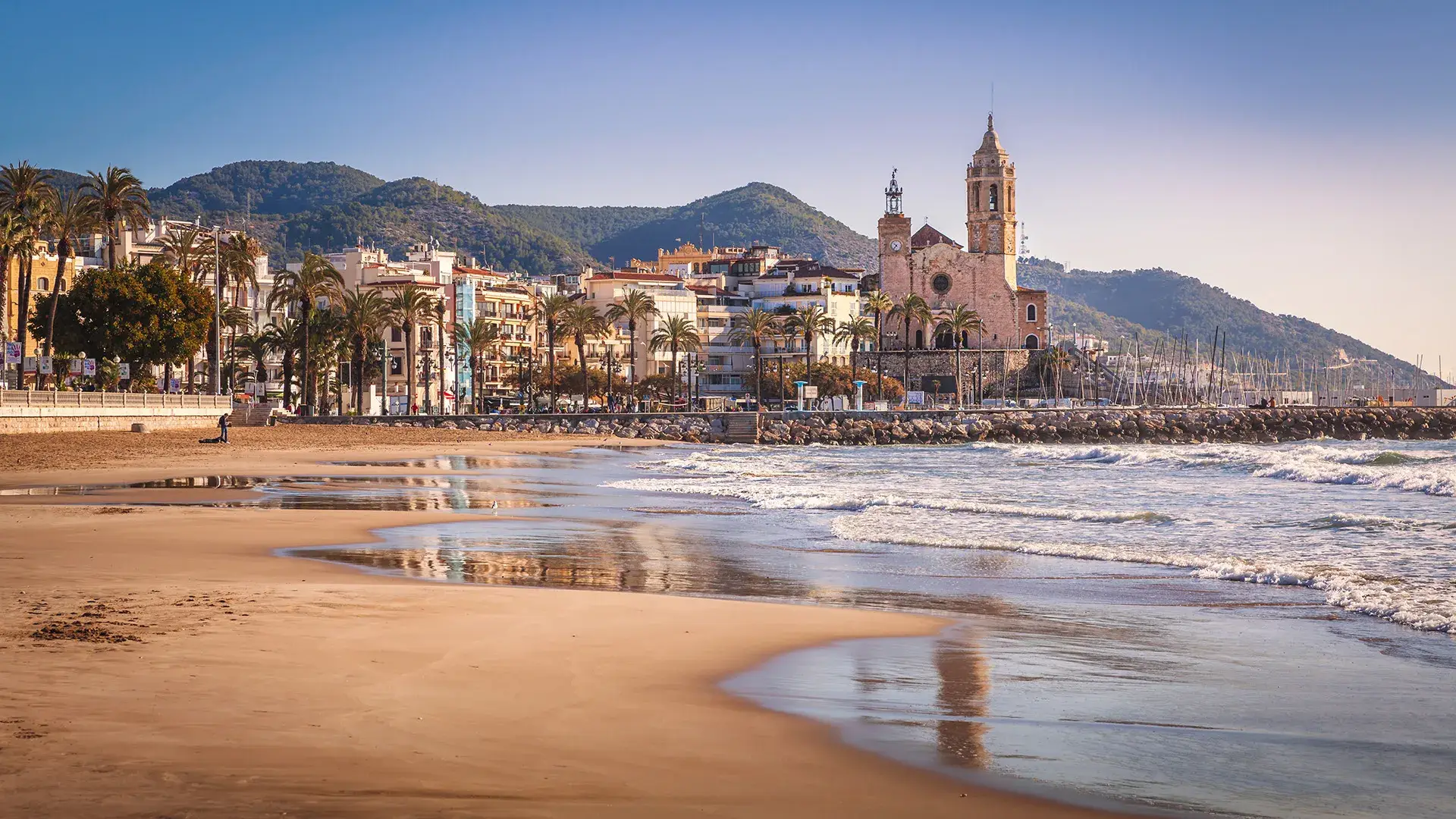 Playa con palmeras y ciudad al fondo, iglesia destacando, monta&ntilde;as detr&aacute;s.