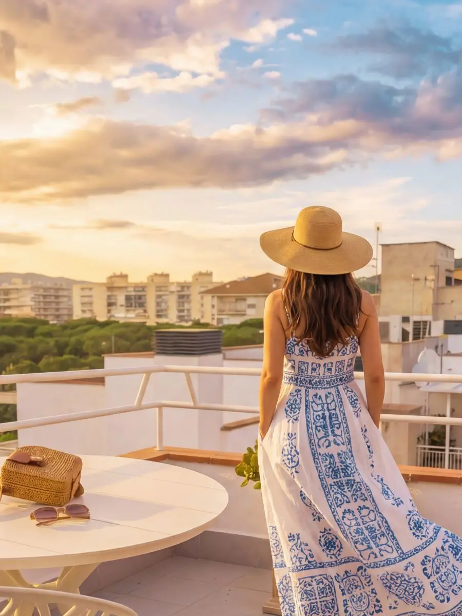 Chica en la terraza de una habitaci&oacute;n del hotel medium claramar de Platja d'Aro