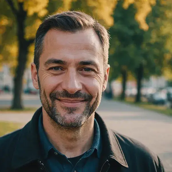 Hombre sonriendo al aire libre con &aacute;rboles al fondo en un d&iacute;a soleado.