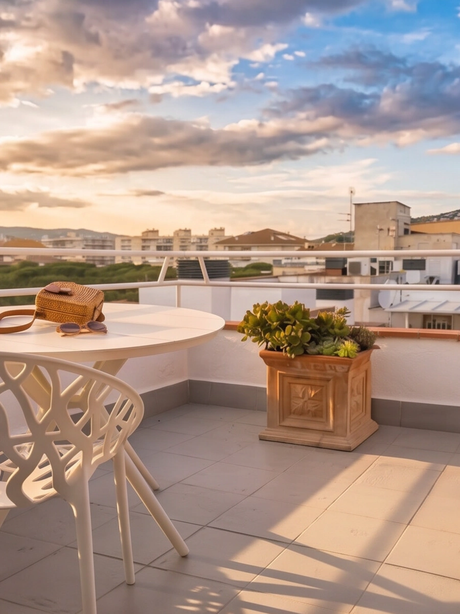 Terraza con mesa blanca, silla de mimbre y maceta de flores en atardecer