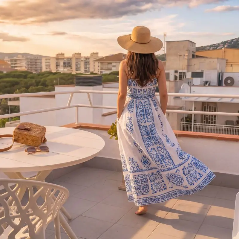 Chica en la terraza de una habitación del hotel medium claramar de Platja d'Aro