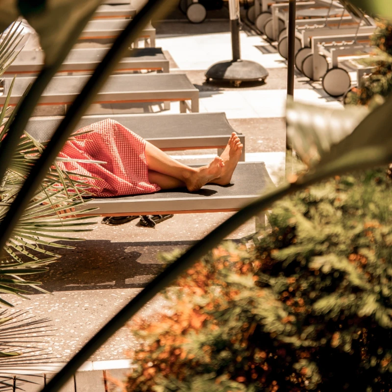 Persona descansando en tumbona al sol, rodeada de plantas y vegetaci&oacute;n.