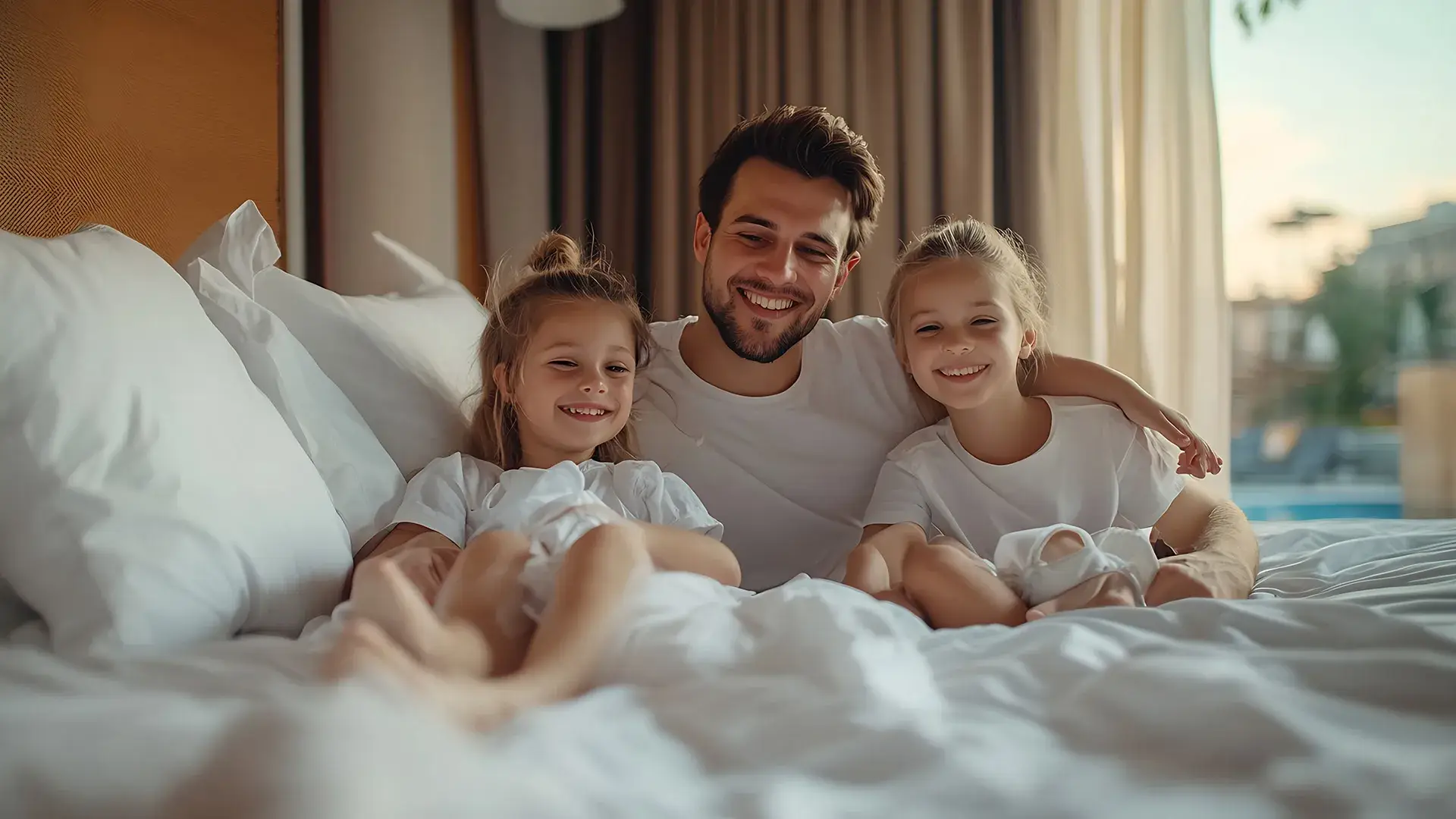 Familia sonriente relaja en la cama en una ma&ntilde;ana soleada.