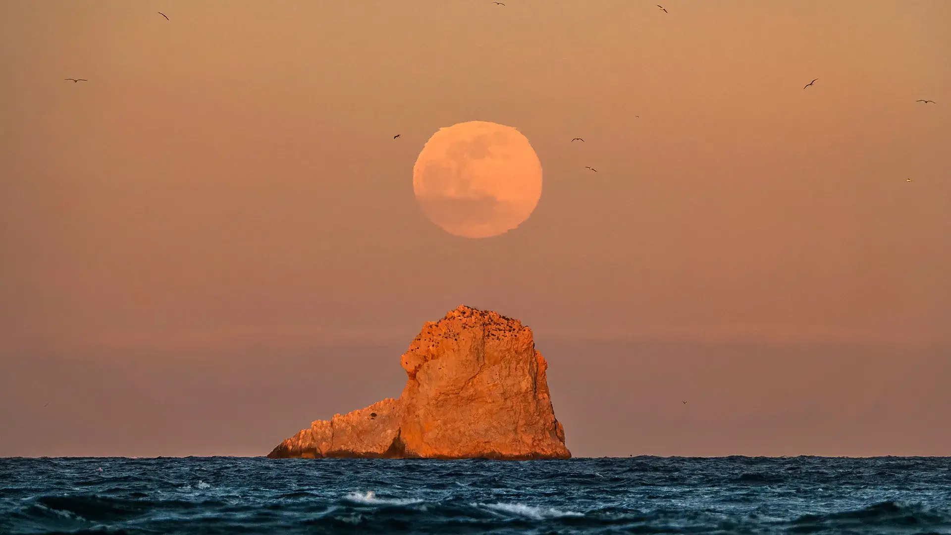 La luna llena sobre una roca en el mar al atardecer.
