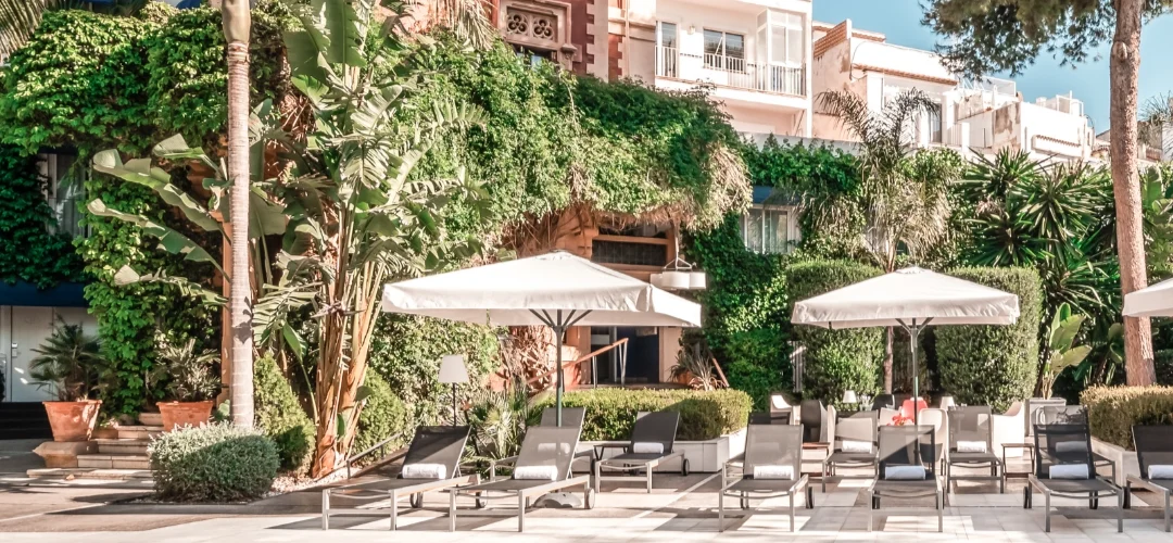 Terraza con sillas, sombrillas y plantas, frente a un edificio con vegetaci&oacute;n.