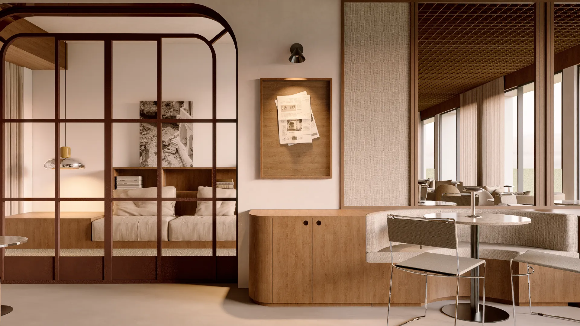 Sala moderna con muebles de madera y separador de vidrio.
