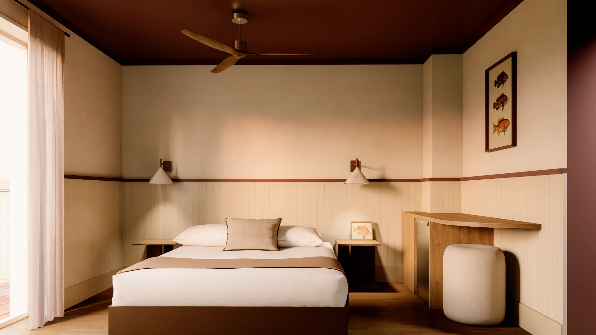 Dormitorio minimalista con cama, ventilador y decoraci&oacute;n de peces en la pared.