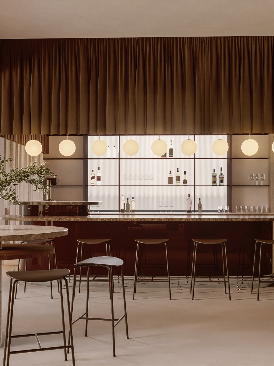 Bar moderno con taburetes, luces colgantes y botellas en estanter&iacute;as.