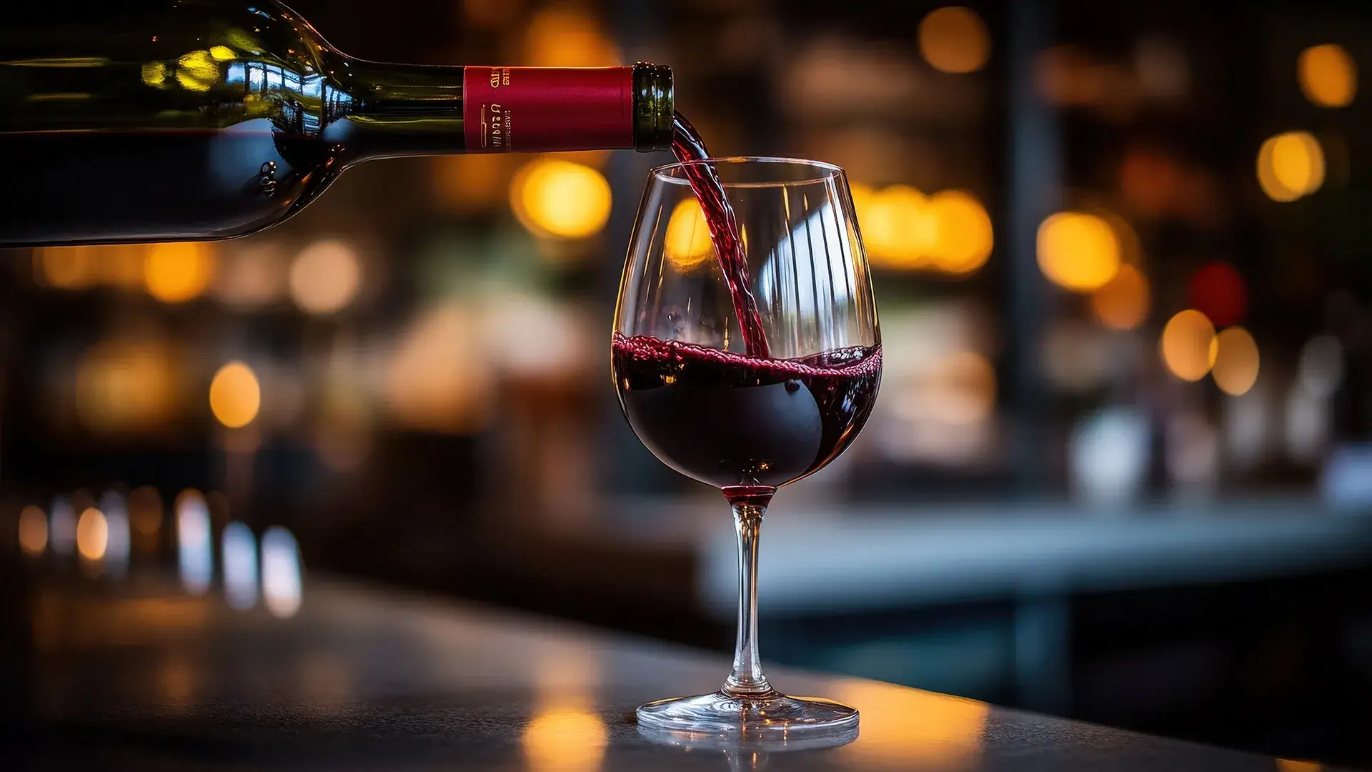 Vino tinto verti&eacute;ndose en una copa, fondo desenfocado.