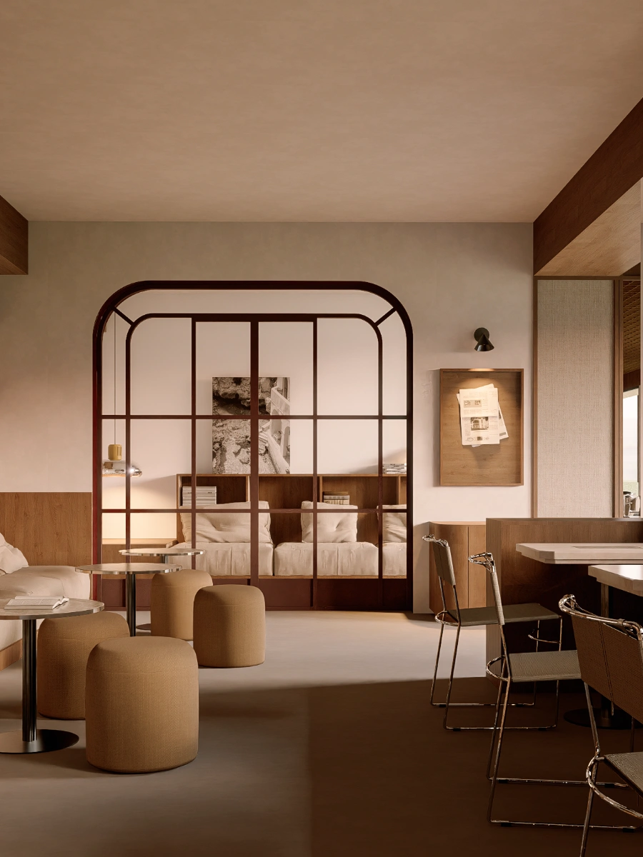Dormitorio moderno con cama enmarcada, mesas y silla cerca de escritorio