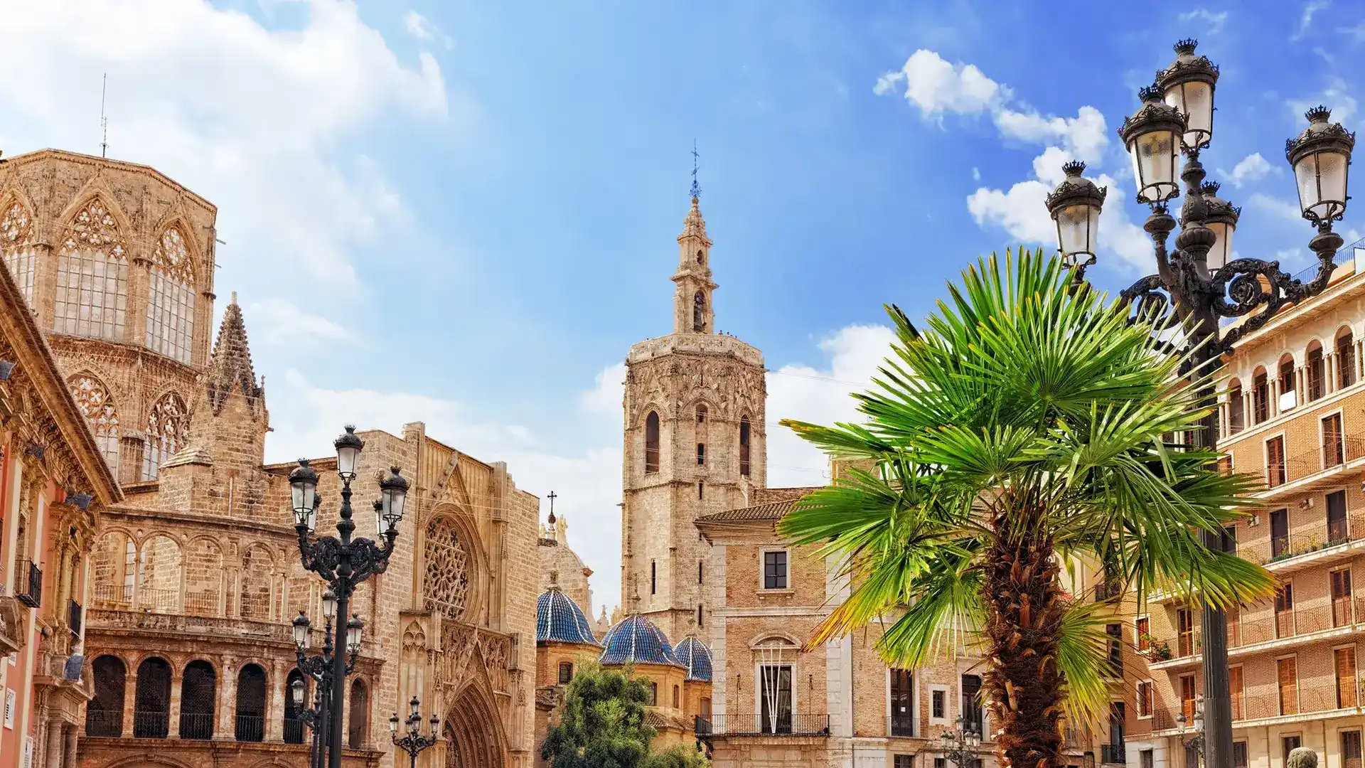 Catedral con torre medieval, palmera y faroles bajo cielo azul.