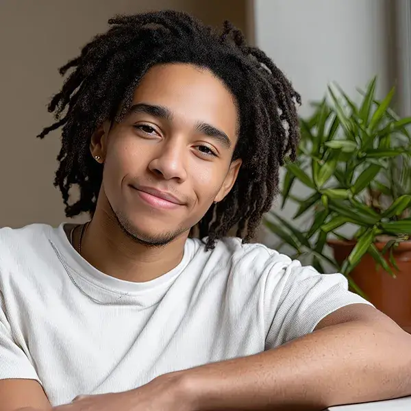 Joven con rastas y camiseta blanca, sonr&iacute;e junto a una planta en maceta.