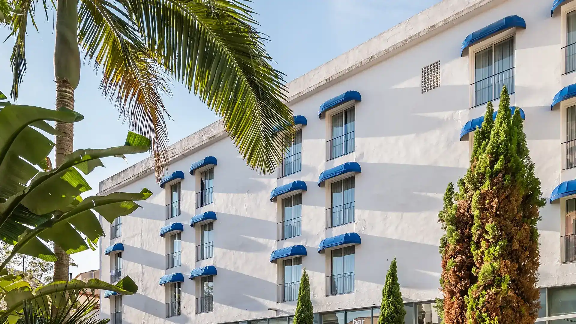 Edificio blanco con ventanas azules y palmeras al frente.