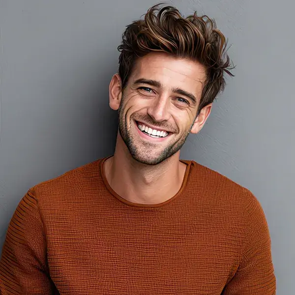 Hombre sonriendo con su&eacute;ter marr&oacute;n frente a un fondo gris.