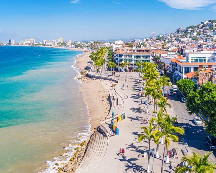 Vista a&eacute;rea de un malec&oacute;n junto a una playa con palmeras y cielo despejado.