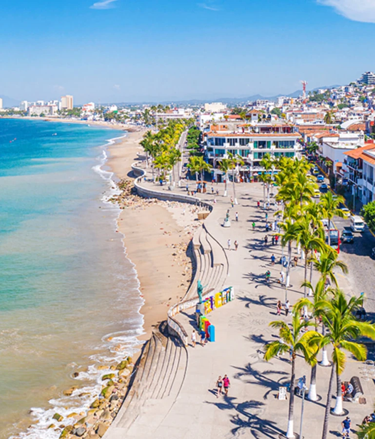 Vista a&eacute;rea del malec&oacute;n y la playa con palmeras y edificios al fondo.