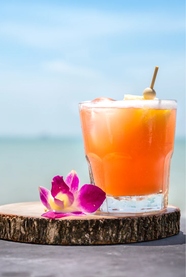 C&oacute;ctel tropical con flor y cielo despejado de fondo.