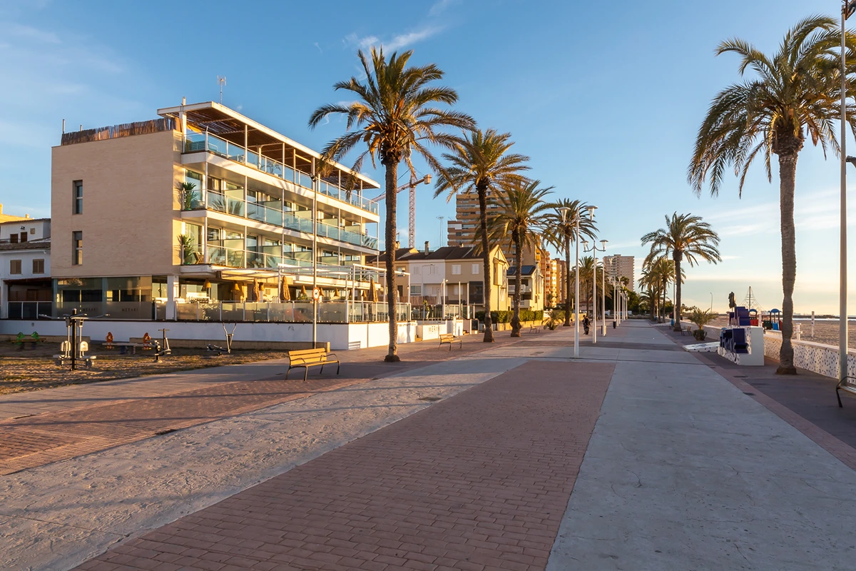 Paseo mar&iacute;timo con palmeras y edificios al atardecer.