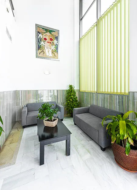 Sala de espera con sof&aacute;s grises, mesa negra y plantas.