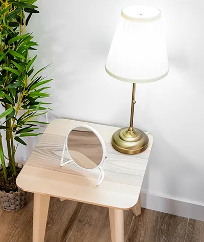 L&aacute;mpara y espejo sobre una mesa junto a una planta en una habitaci&oacute;n.
