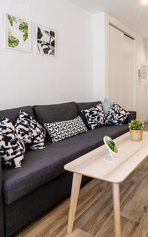 Sala moderna con sof&aacute; gris, cojines estampados y mesa de madera clara.