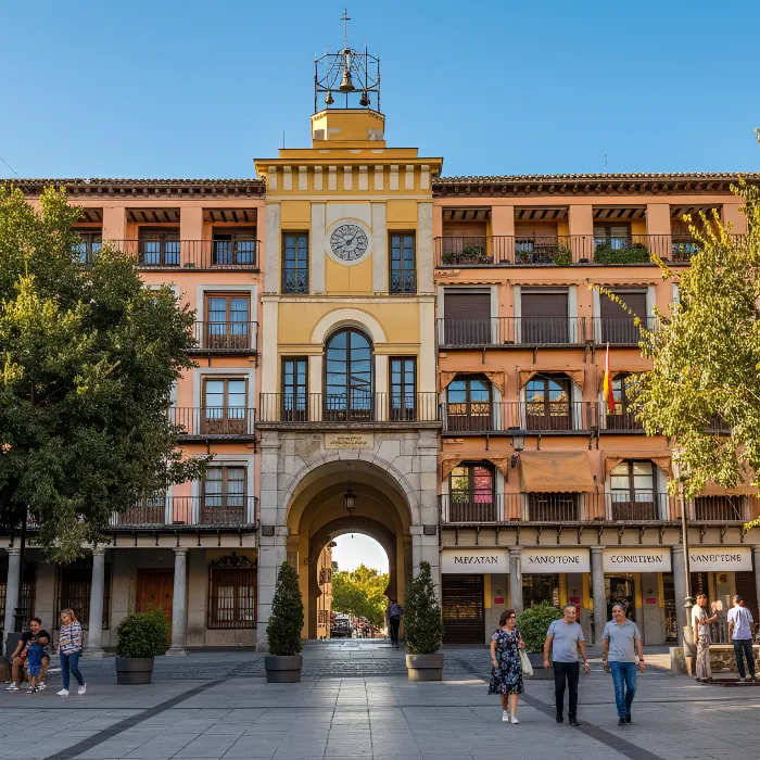 Edificio con reloj y arco central en plaza peatonal, personas caminando y &aacute;rboles alrededor.