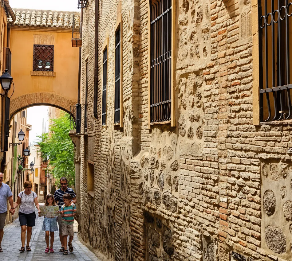 Familia caminando por una calle estrecha de un barrio hist&oacute;rico, rodeada de edificios de piedra.
