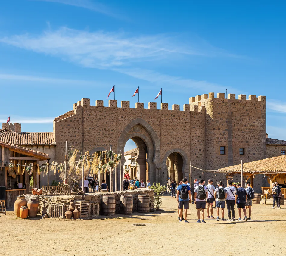 Grupo de personas frente a una muralla de piedra con arcos y banderas en un ambiente medieval.