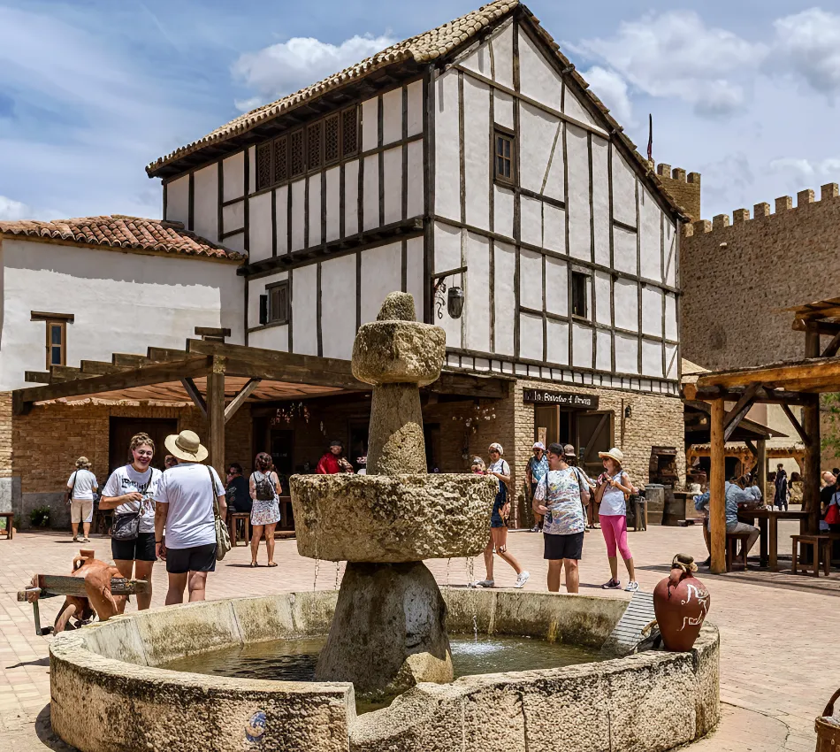 Plaza con fuente antigua y personas paseando frente a edificios de estilo hist&oacute;rico.