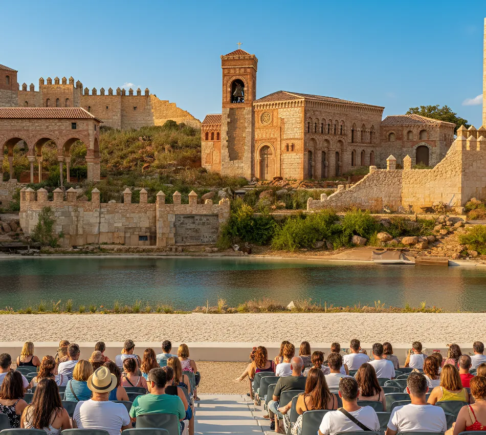 Personas en un auditorio al aire libre, frente a un castillo junto a un r&iacute;o.