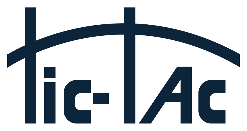 Logo con letras estilizadas que dicen "tic-tac" en color azul oscuro.