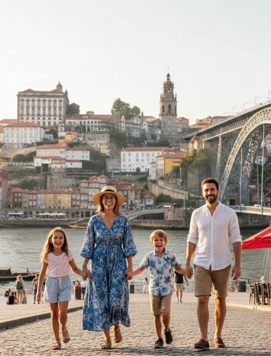 Fam&iacute;lia caminhando na cidade com ponte e constru&ccedil;&otilde;es ao fundo.
