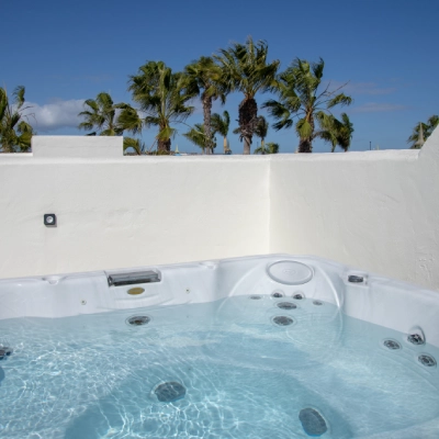 Jacuzzi al aire libre con palmeras y cielo azul al fondo.