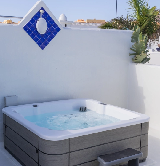 Jacuzzi en terraza blanca con palmera y azulejos azules al fondo.