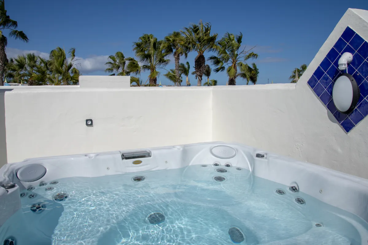 Jacuzzi al aire libre con palmeras al fondo bajo un cielo azul.