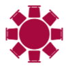 Icono de una mesa redonda con ocho sillas en color rojo oscuro.