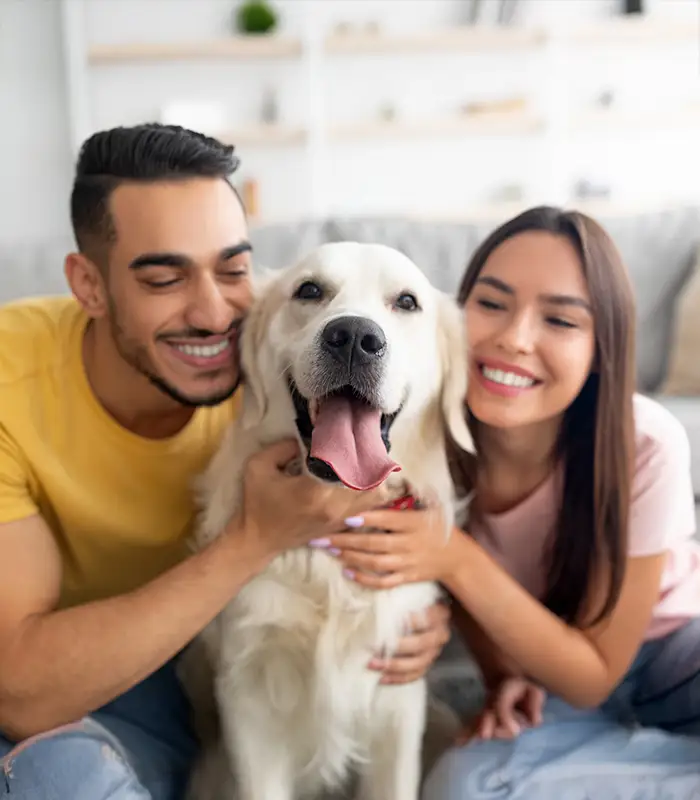 Pareja feliz abrazando a un perro labrador en el sof&aacute;.