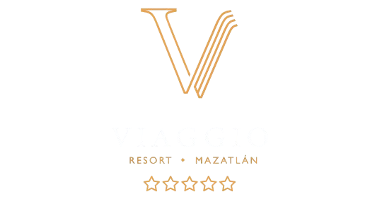 Logo de "Viaggio Resort Mazatl&aacute;n" con una "V" dorada y cinco estrellas.
