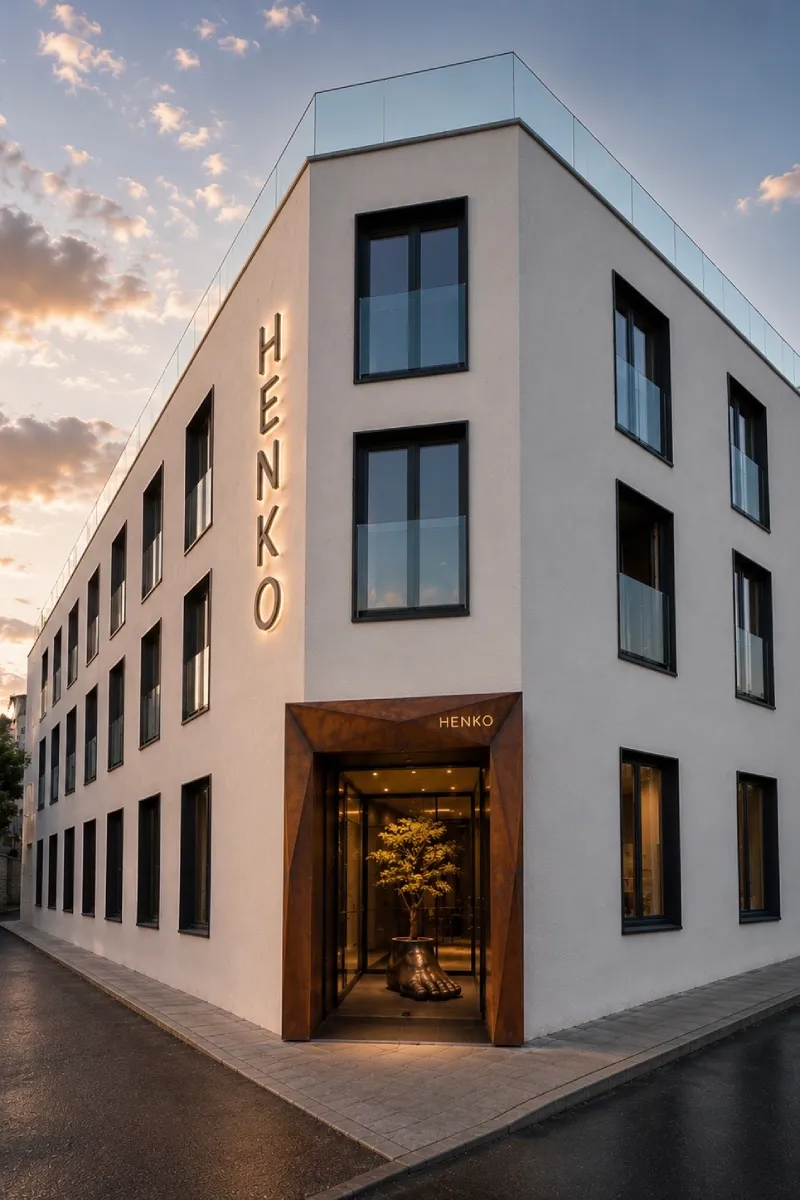 Hotel Henko, fachada moderna blanca con entrada de bronce al atardecer
