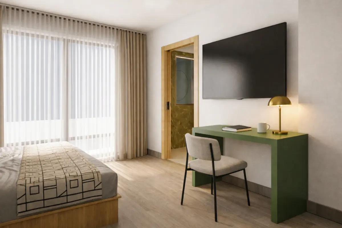 Dormitorio moderno con cama, escritorio verde, lámpara y TV de pared.